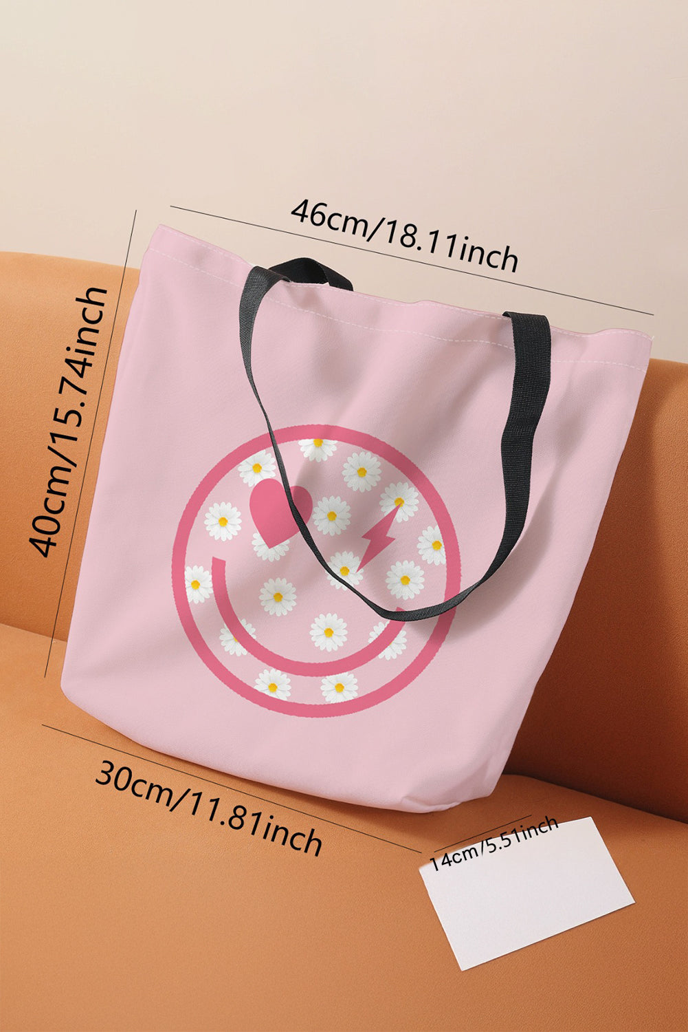 Pink Smiley Face Daisy Print Canvas Tote