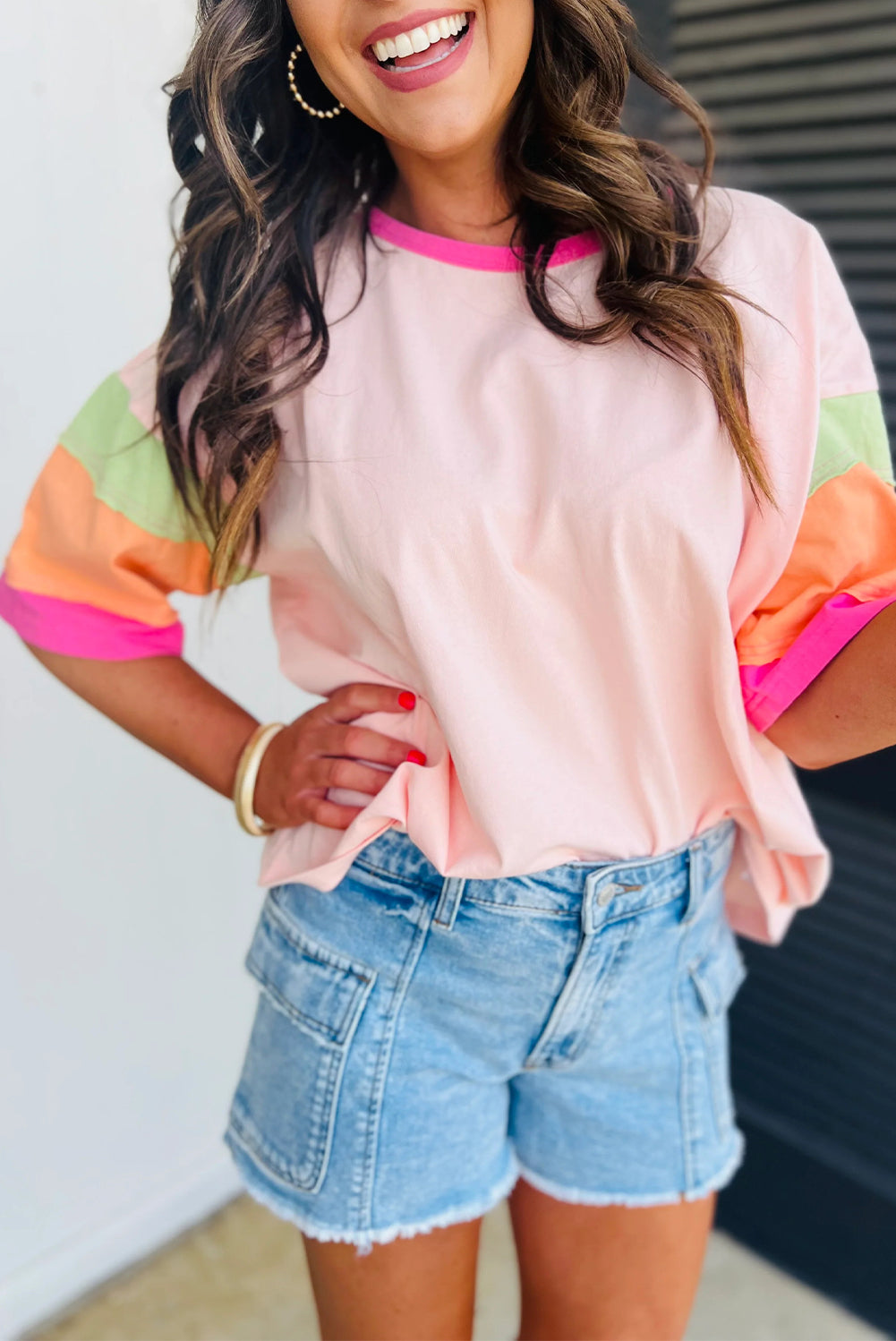 Pink Color Block Stitching Sleeve Oversize Top