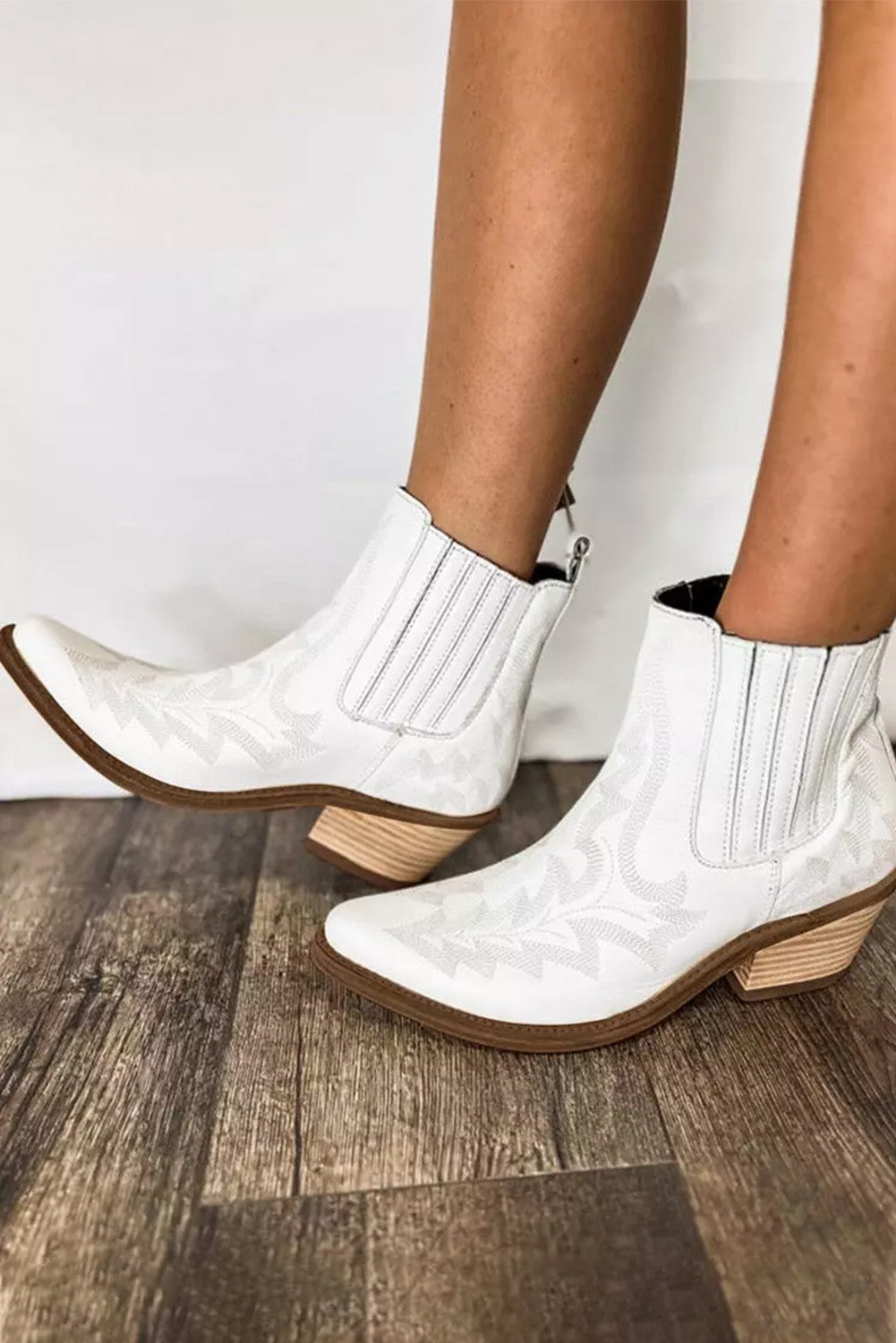 White Embroidered Leather Booties