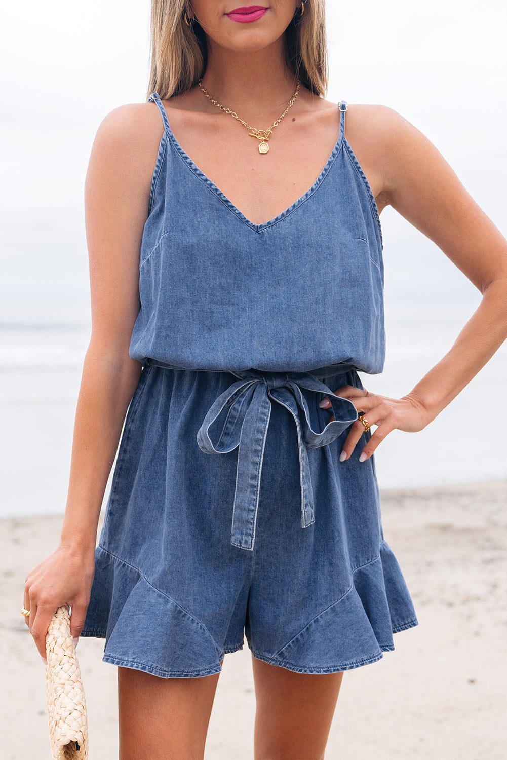 Ashleigh Blue Spaghetti Strap Chambray Romper