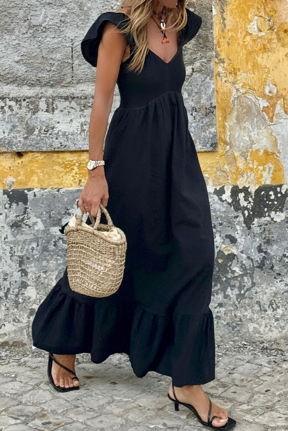 Black V Neck Flutter Sleeve Maxi Dress