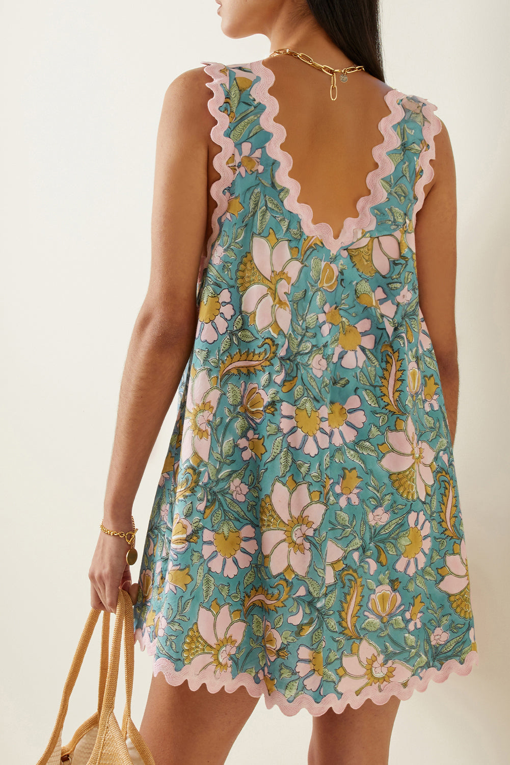 Sky Blue Floral Ricrac Trim Mini Tank Dress