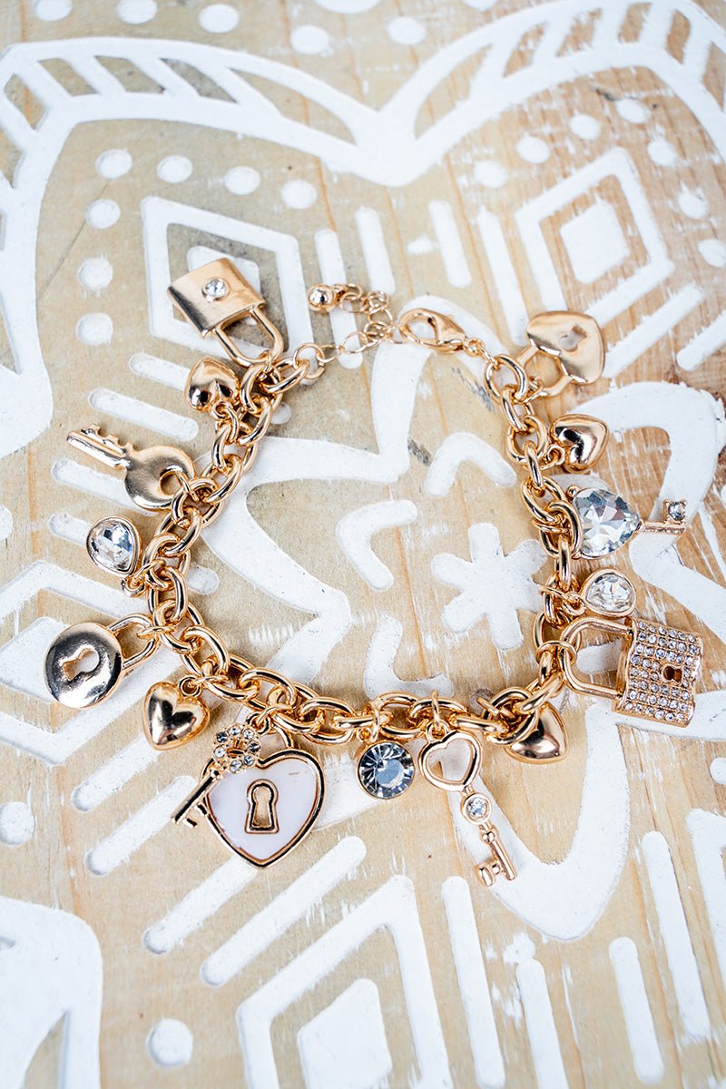 Under Lock and Key Crystal Goldtone Charm Bracelet
