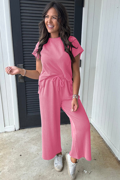 Bright Pink Solid Corded Knit Shirt and Wide Leg Pants Set