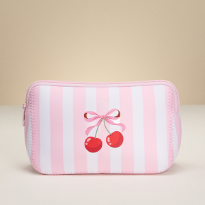 Cherry Bow Stripe Makeup Bag Pink