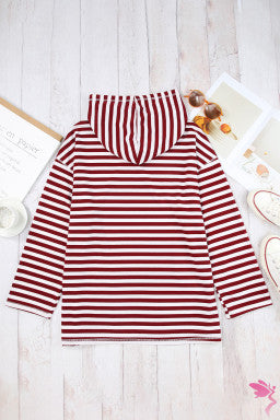 Burgundy Stripe Kangaroo Pocket Drawstring Hoodie