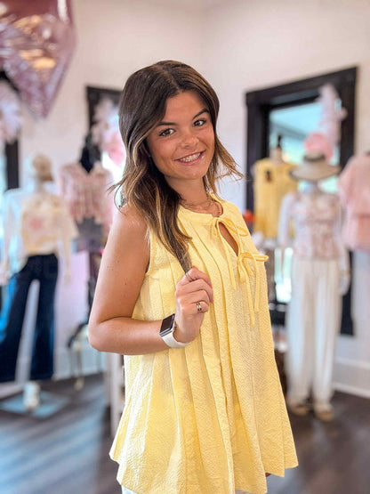 Yellow Cream Bow Tie Notched Neck Pleated Tank Top