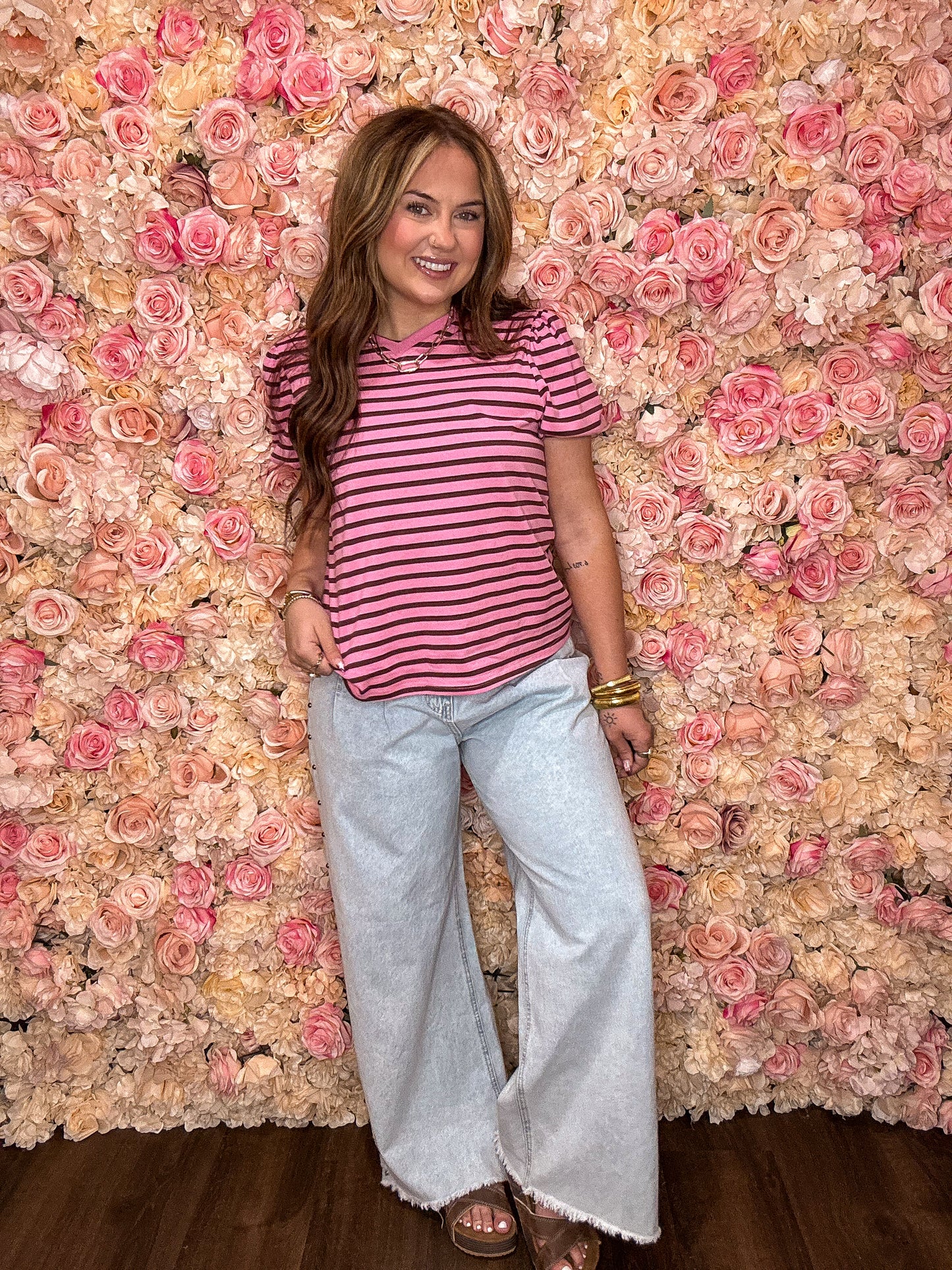 Rose Striped Puff Sleeve Top