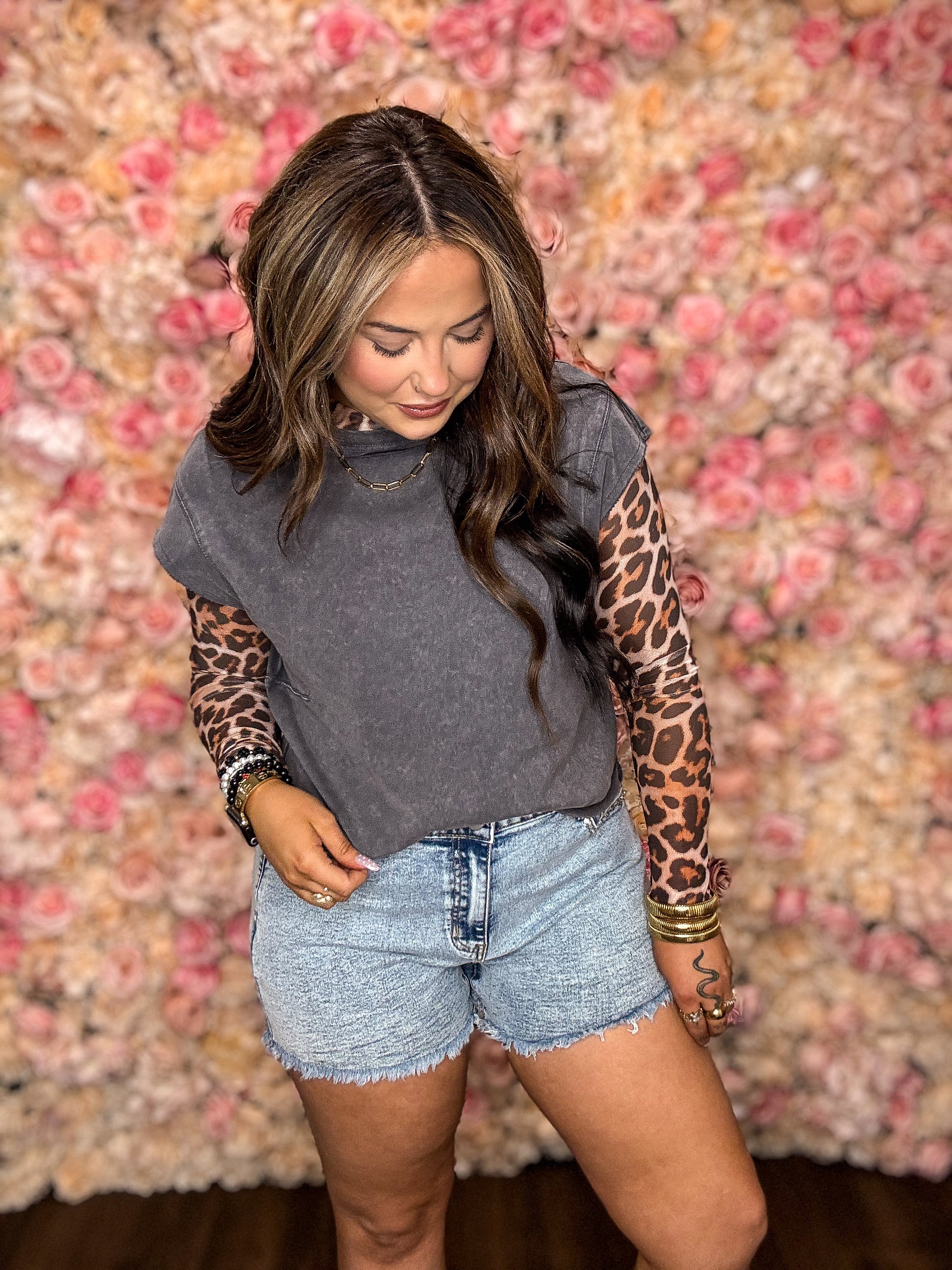 Brown Leopard Long Sleeve Mesh Top
