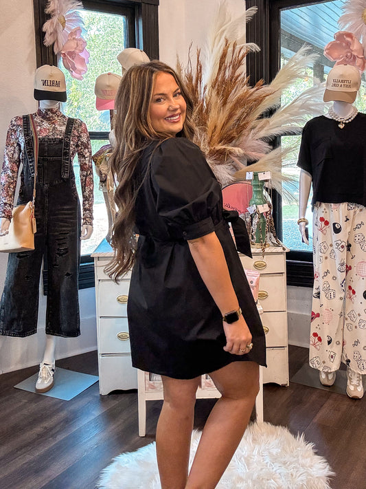 Black Button Up Tie Waist Puff Sleeve Mini Dress