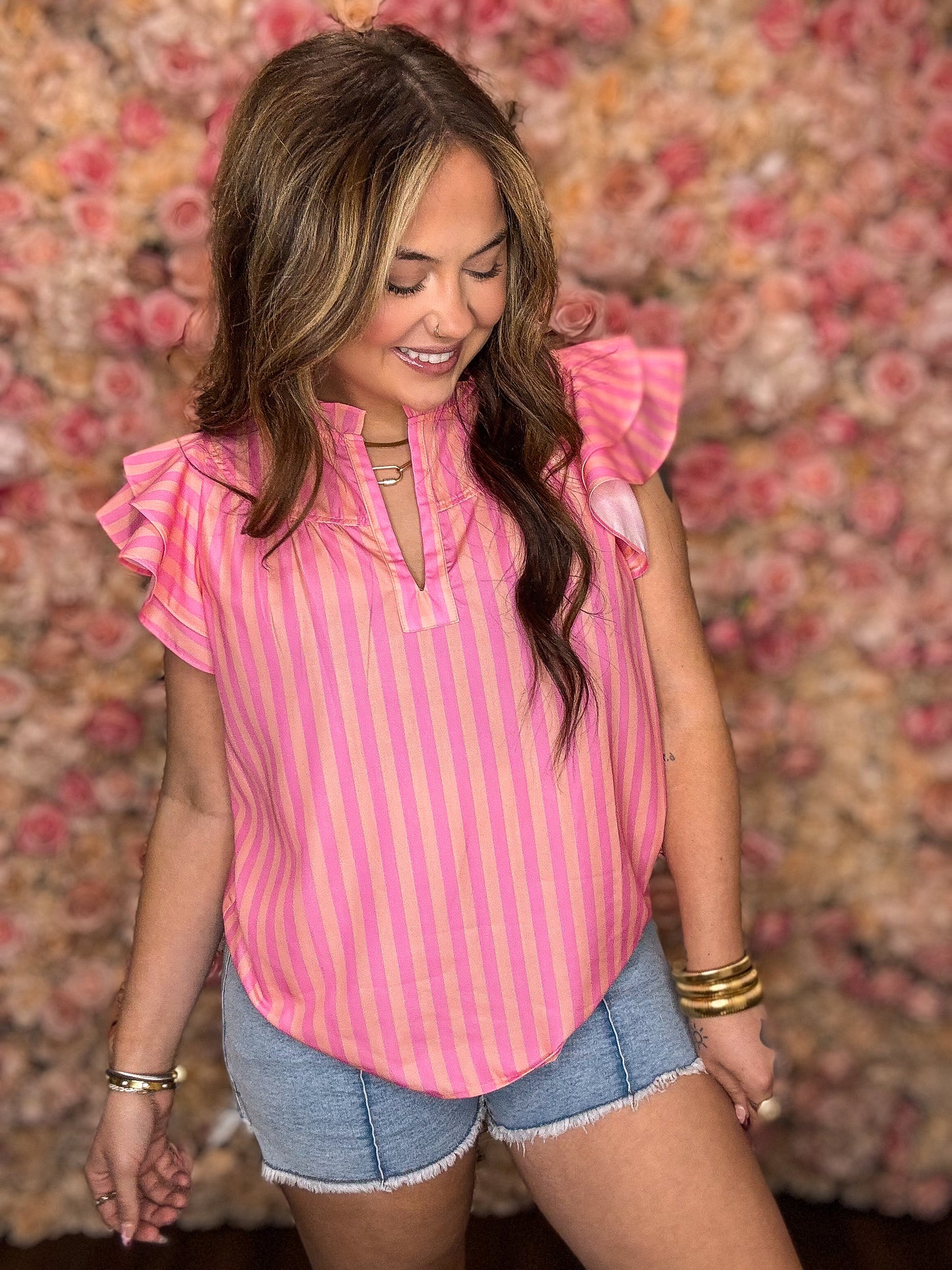 Pink Stripe Ruffle Sleeve Blouse