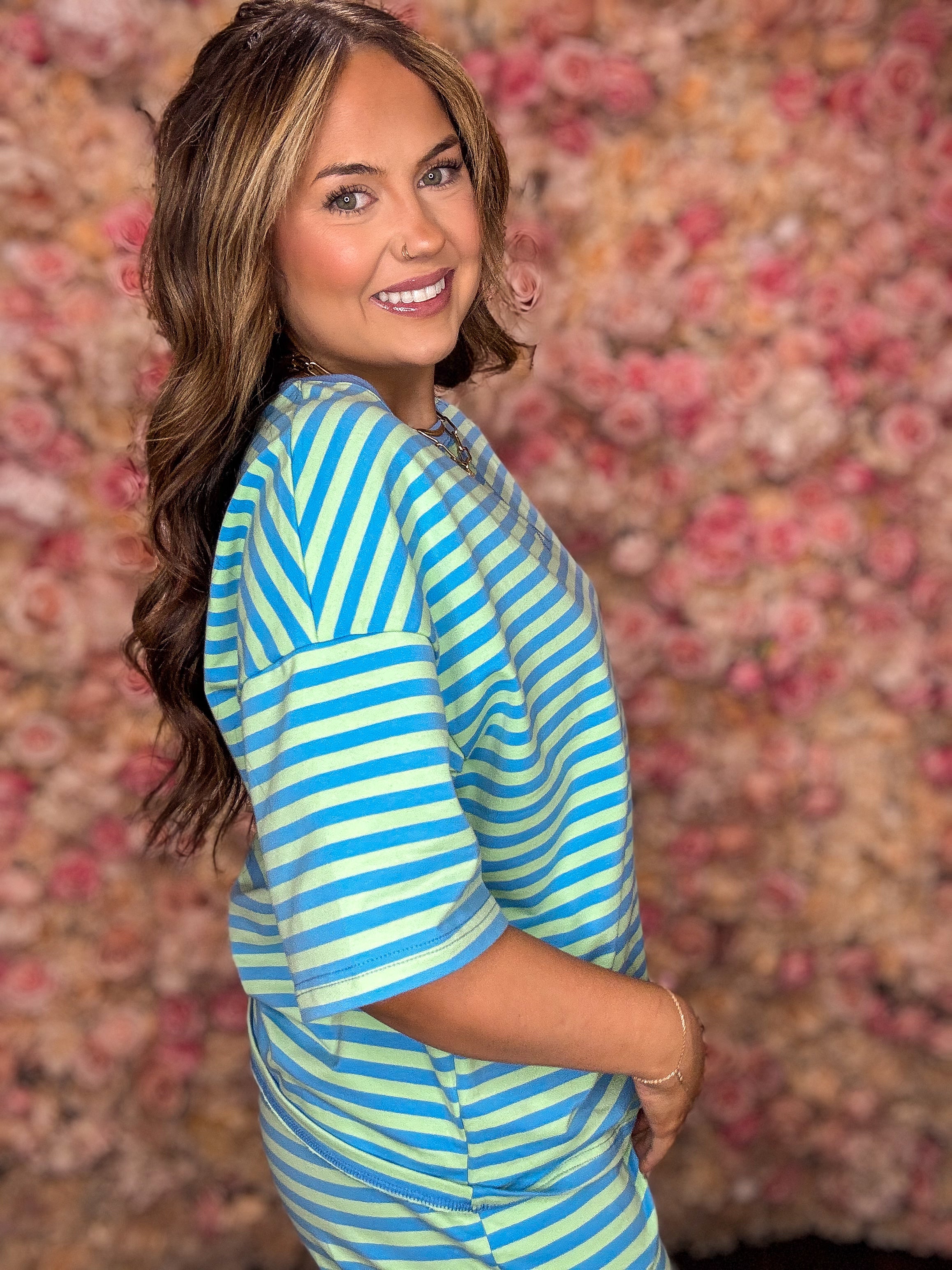 Green and Blue Striped Top and Short Set