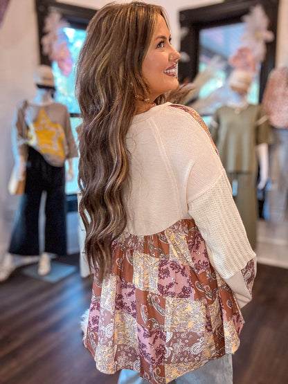 Beige Paisley Print Patchwork Long Sleeve Top