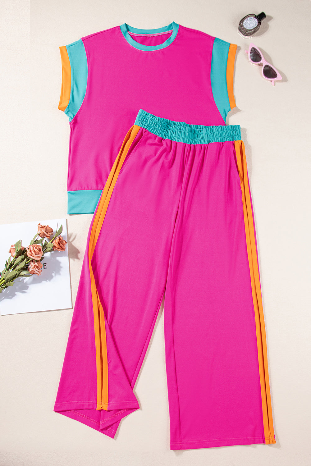 Pink Color Block Detail Two-Piece Set