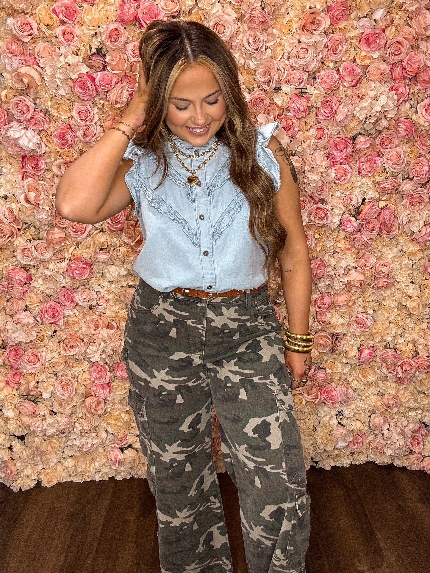 Light Mineral Wash Frilled Button Up Denim Blouse