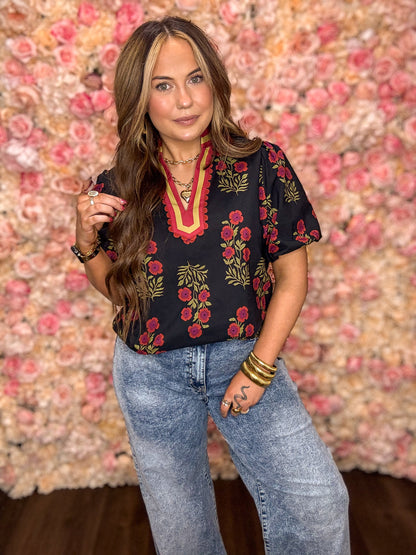 Black Floral Bubble Sleeve Blouse