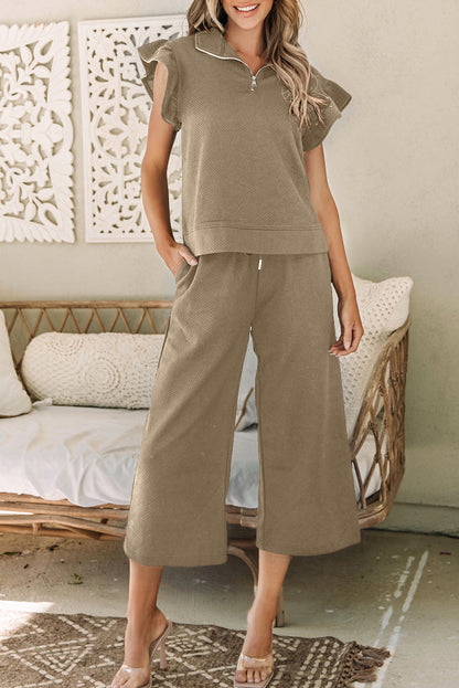 Khaki Flutter Sleeve Top with Wide Leg Pants Set