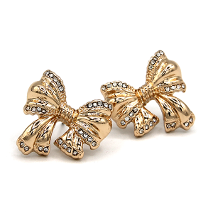 Ribbon Bow Pave Rhinestone Accent Gold Earrings
