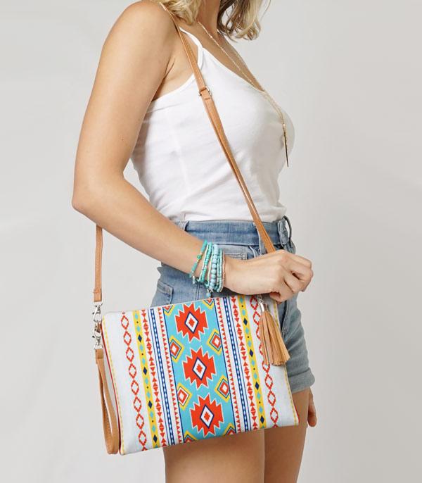 Western Aztec Fringe Crossbody Bag in Tan