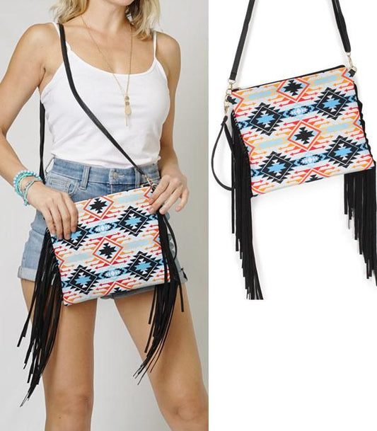 Western Aztec Fringe Crossbody Bag in Black