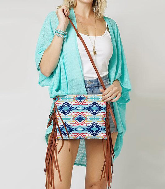 Western Aztec Fringe Crossbody Bag in Turquoise