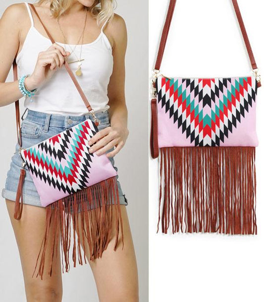 Western Aztec Fringe Crossbody Bag in Pink