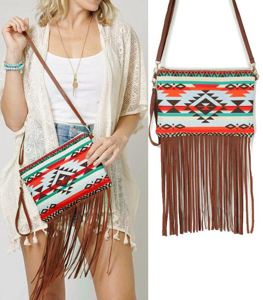 Western Aztec Fringe Crossbody Bag in Brown