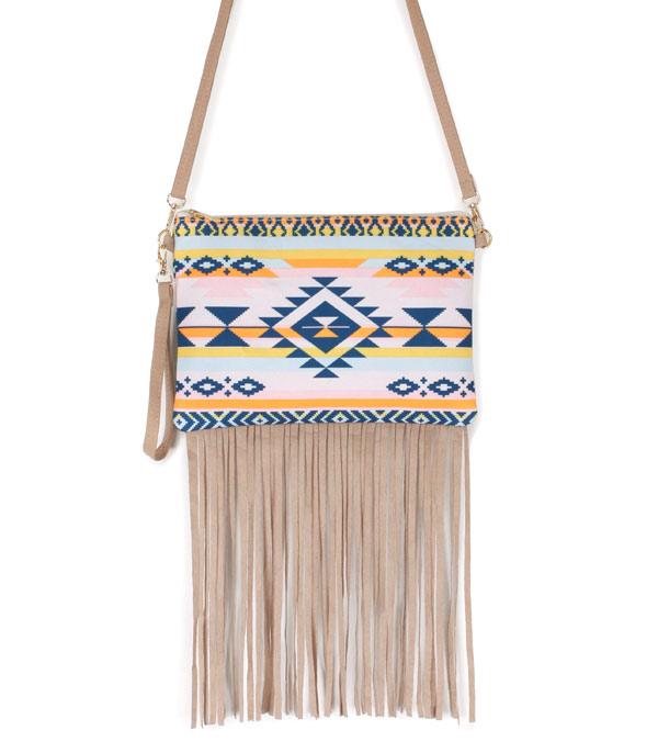 Western Aztec Fringe Crossbody Bag in Navy