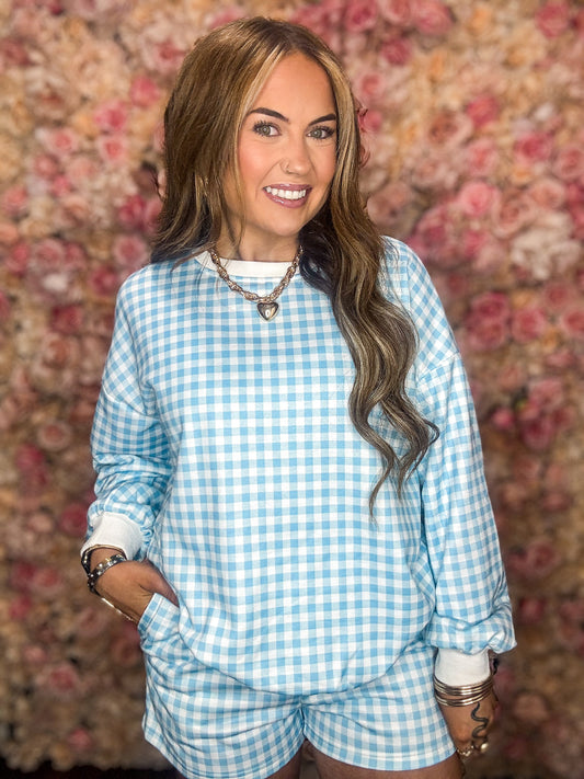 Gingham Mock Neck Pullover And Short Set
