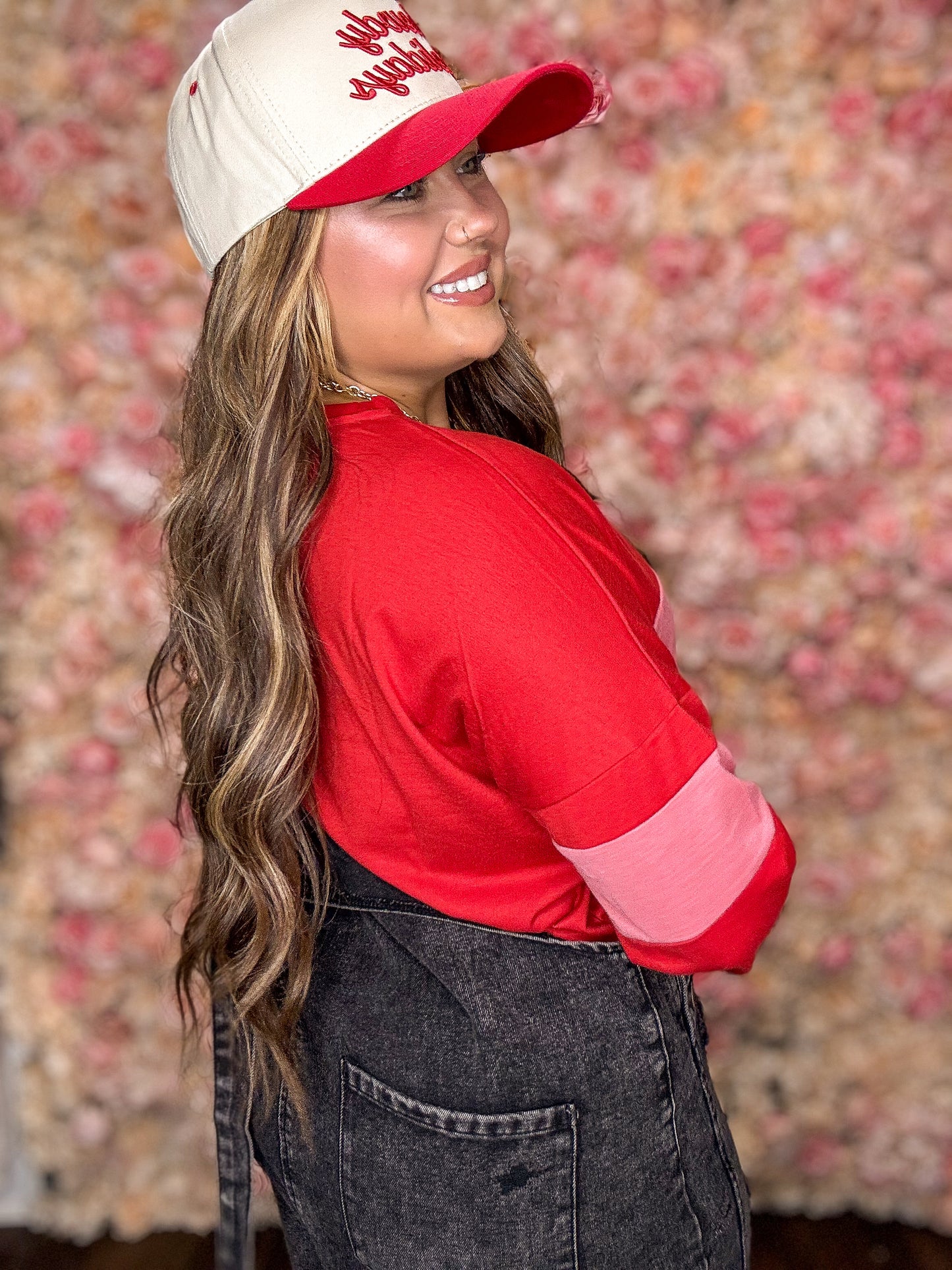 Red Color Block Long Sleeve Top