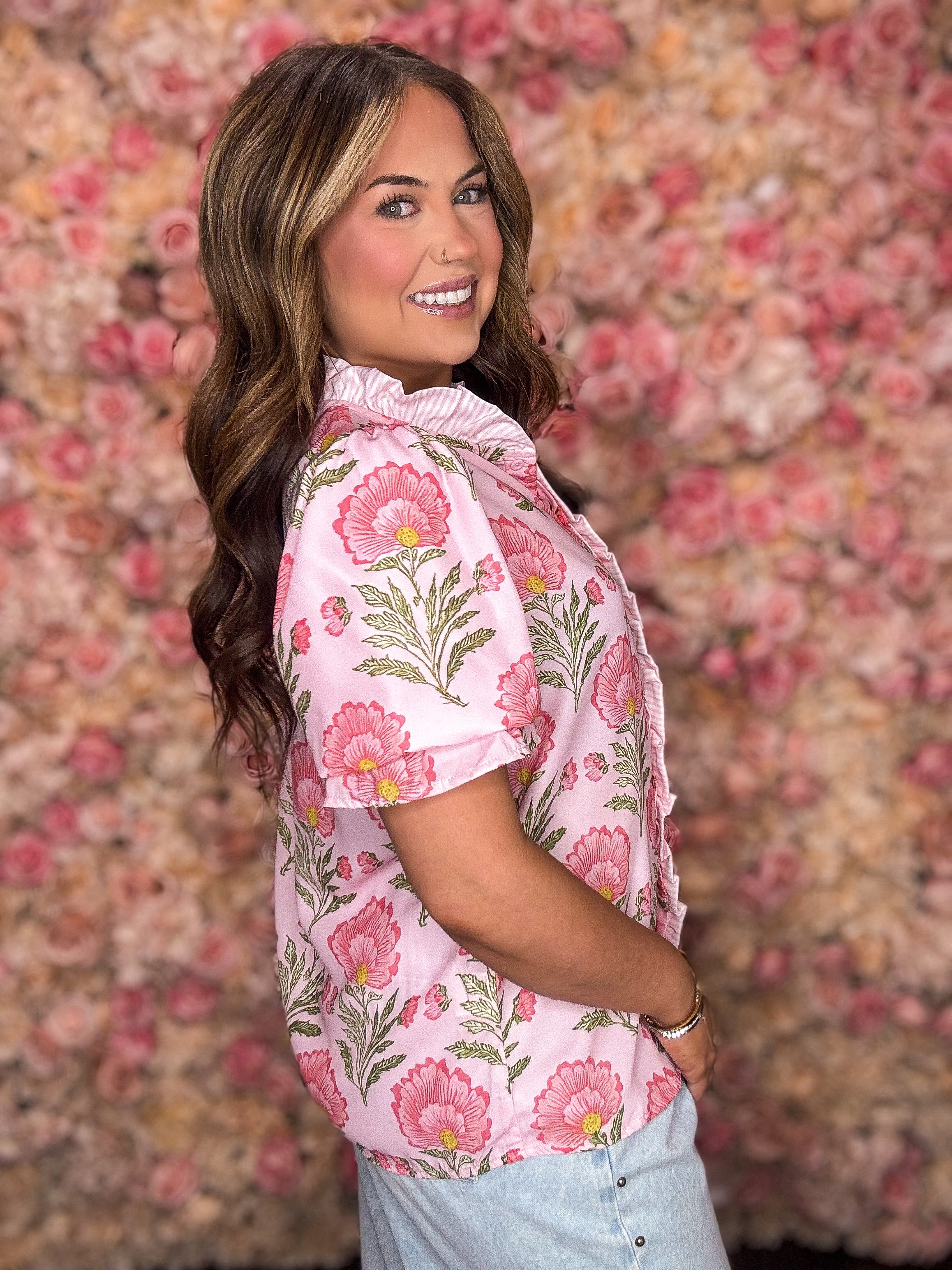 Pink Blooms Puff Sleeve Blouse