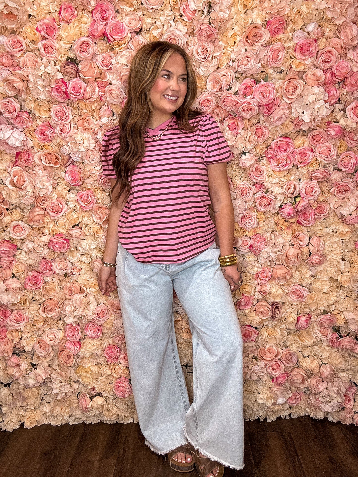 Rose Striped Puff Sleeve Top