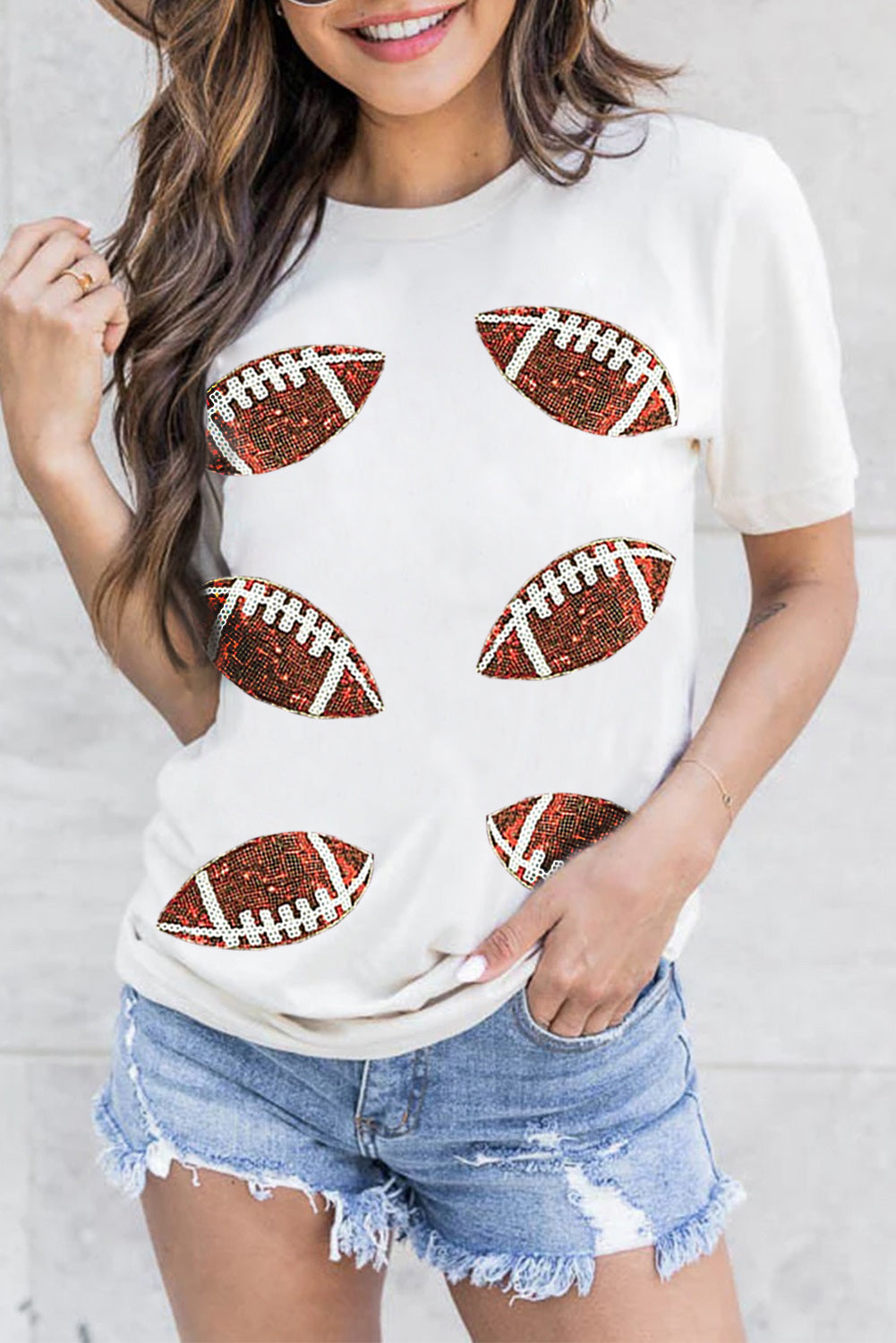 Sequined Football Tee in White