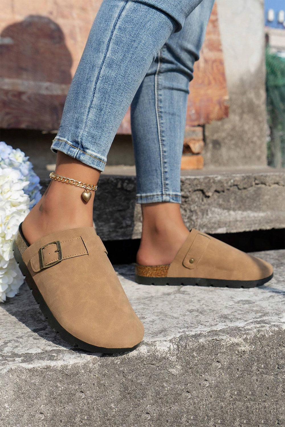 French Beige Suede Buckle Detail Shoes