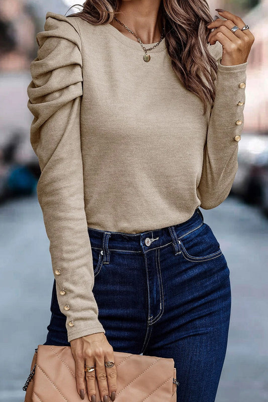 Khaki Buttoned Puff Long Sleeve Top