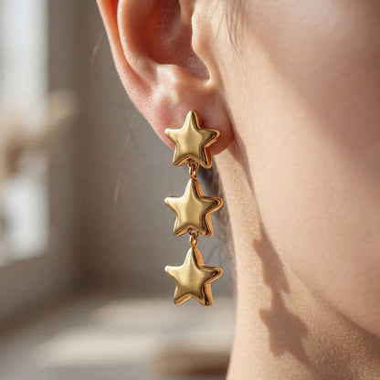 Gold Triple Star Stud Earrings