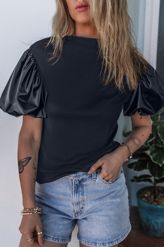 Black Faux Leather Puff Sleeve Top