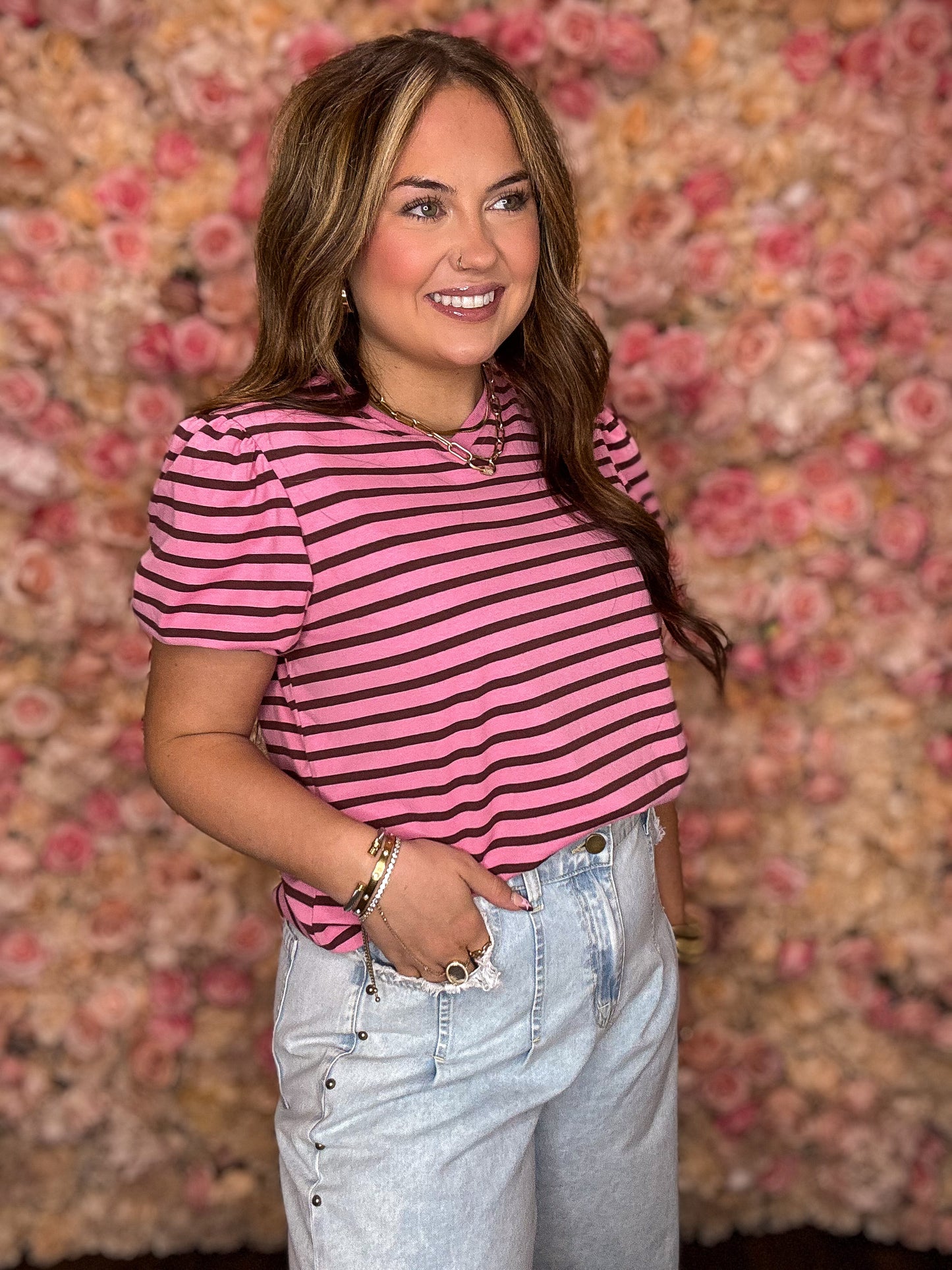 Rose Striped Puff Sleeve Top