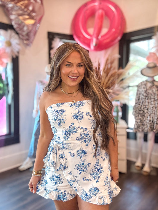 Sky Blue Floral Print Strapless Zipped Back Knot Waist Ruffled Romper