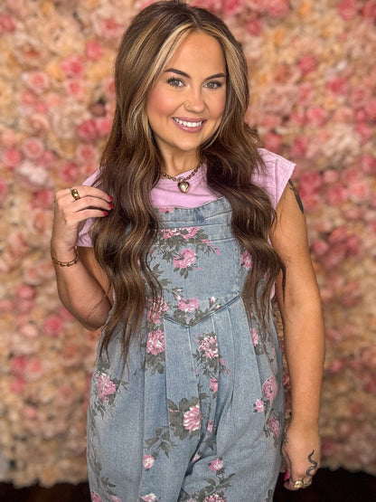 Beau Blue Floral Print Wide Leg Denim Overalls