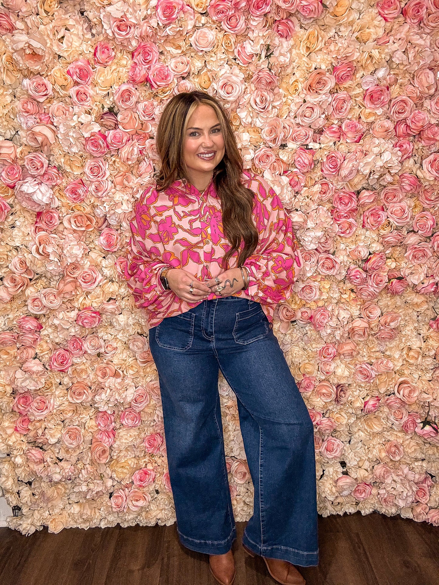 Pink Floral Print Dolman Sleeve Button up Blouse