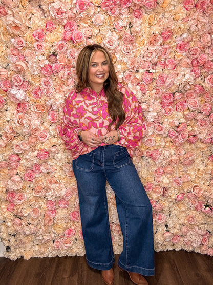 Pink Floral Print Dolman Sleeve Button up Blouse