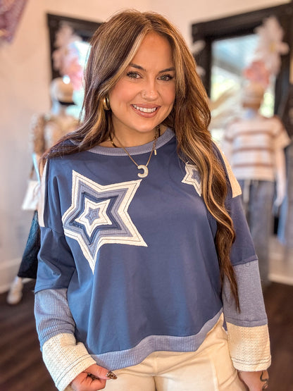 Blue Contrast Star Patchwork Long Sleeve