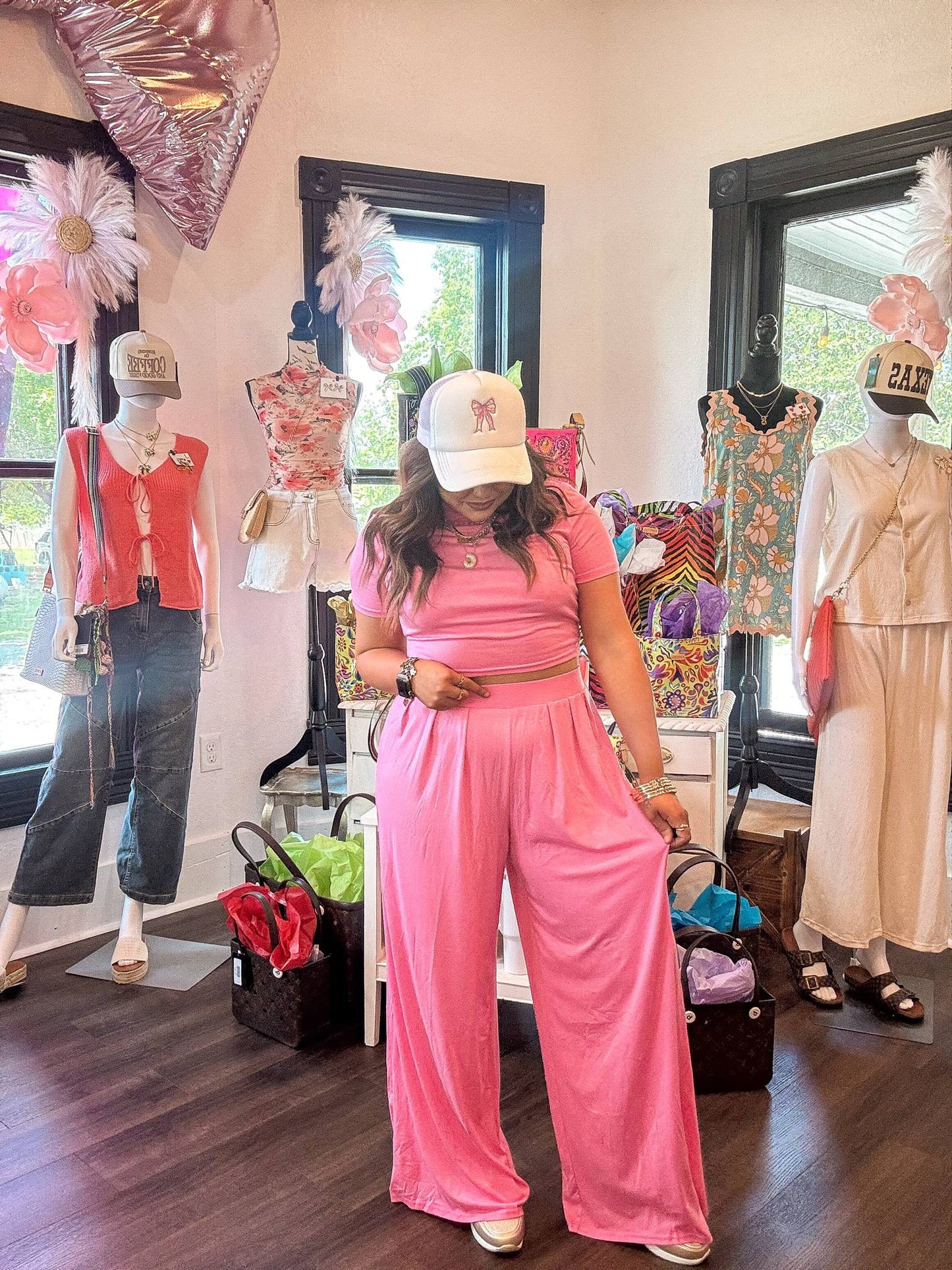 Strawberry Pink Slim Fit Crop Top and Pleated Wide Leg Pants Set