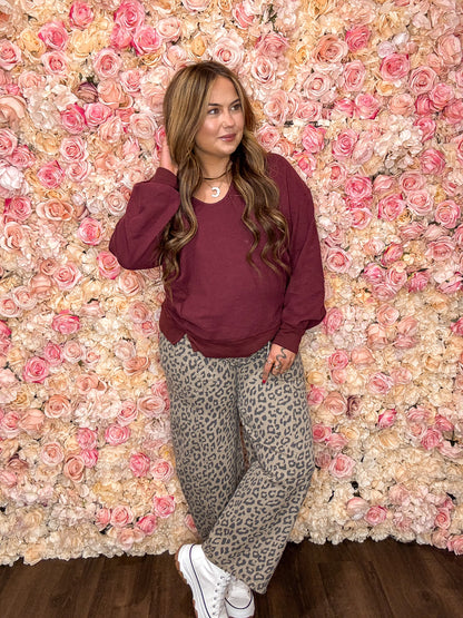 Maroon Waffle Knit Drop Shoulder Sweatshirt