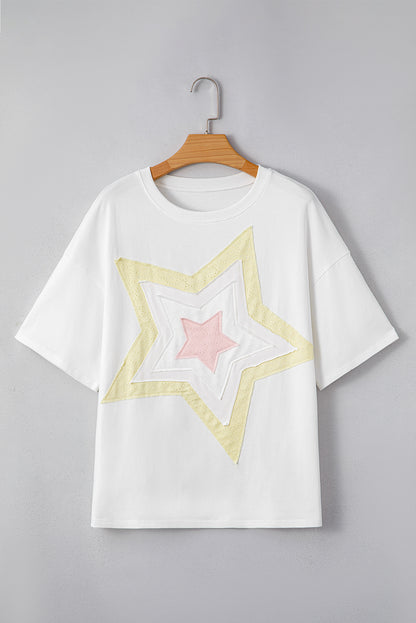 Ivory Star Layered Patched Graphic Half Sleeve Loose Tee