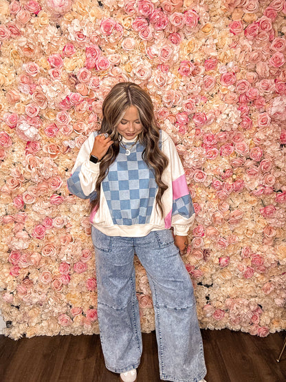Checkered Denim Exposed Seam Patchwork Sweatshirt