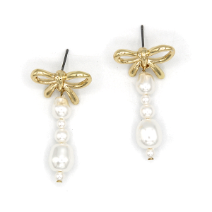 Ribbon Pearl Cluster Drop Gold Earrings