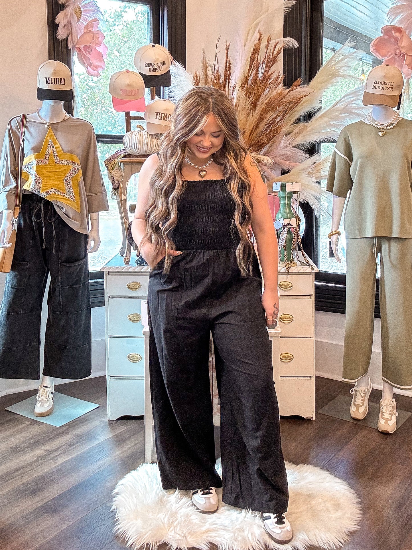 Black Smocked Wide Leg Jumpsuit
