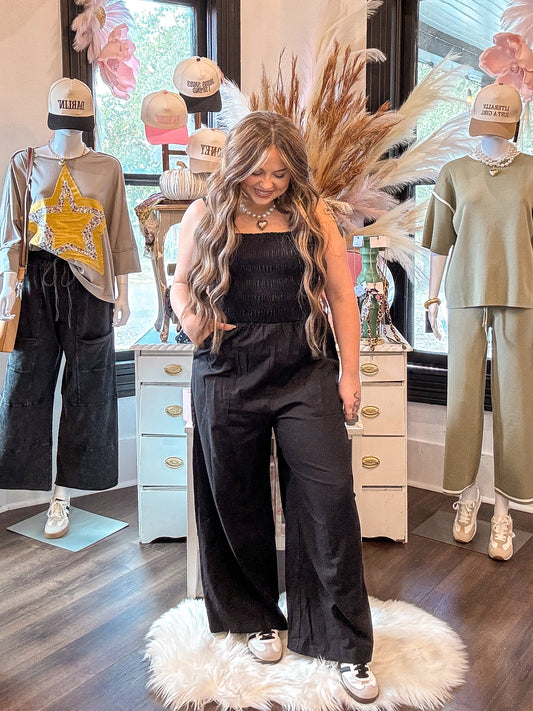 Black Smocked Wide Leg Jumpsuit